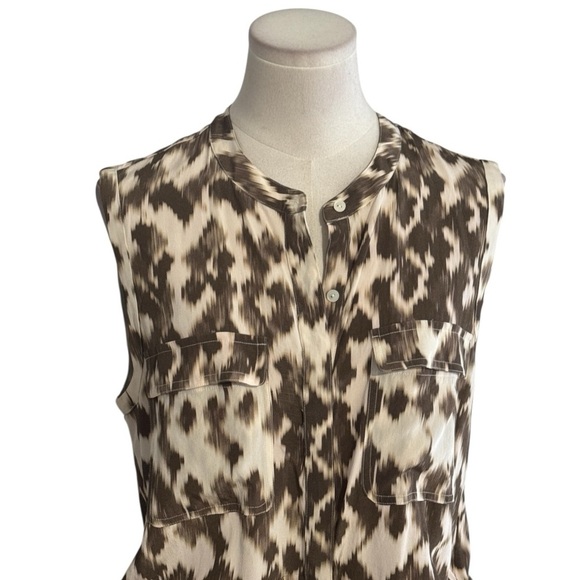 VINCE Ikat Print Cargo 100% Silk Midi Dress Brown Cream Sleeveless Size M Casual - Picture 5 of 10